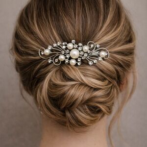 Silver Tone Bridal Hair Barrette with Faux Pearls & Crystal Rhinestones